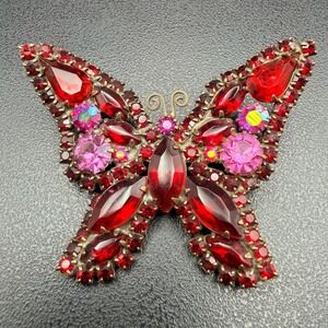 Signed Weiss Red Rhinestone Butterfly Brooch Pink & AB Accents